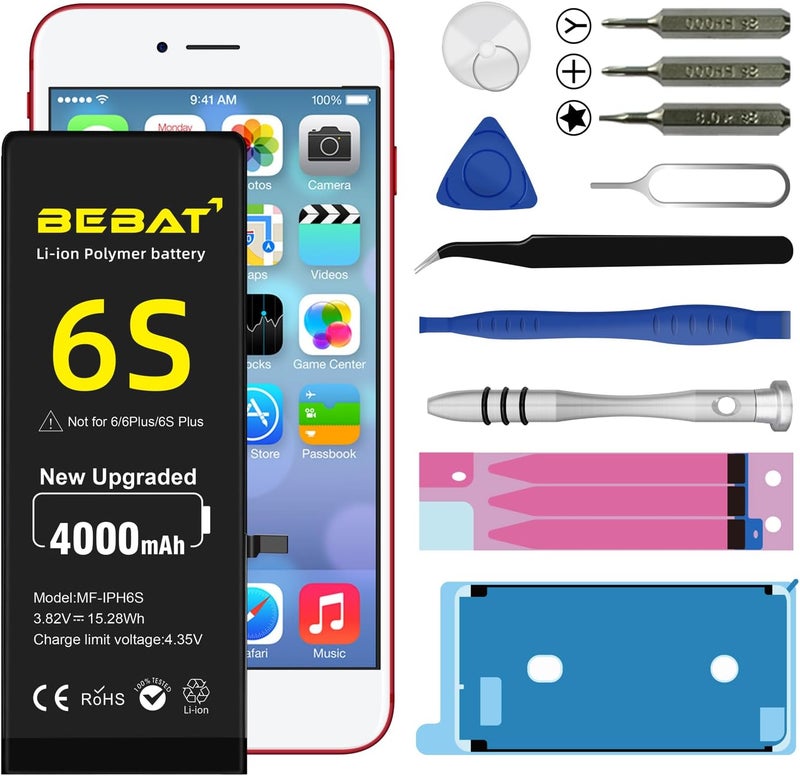 BEBAT Replacement for iPhone 6S Battery,4000mAh High Capacity Li-ion Polymer Replacement Battery for Model A1633 A1688 A1700 with Complete Professional Repair Tool - Image 1